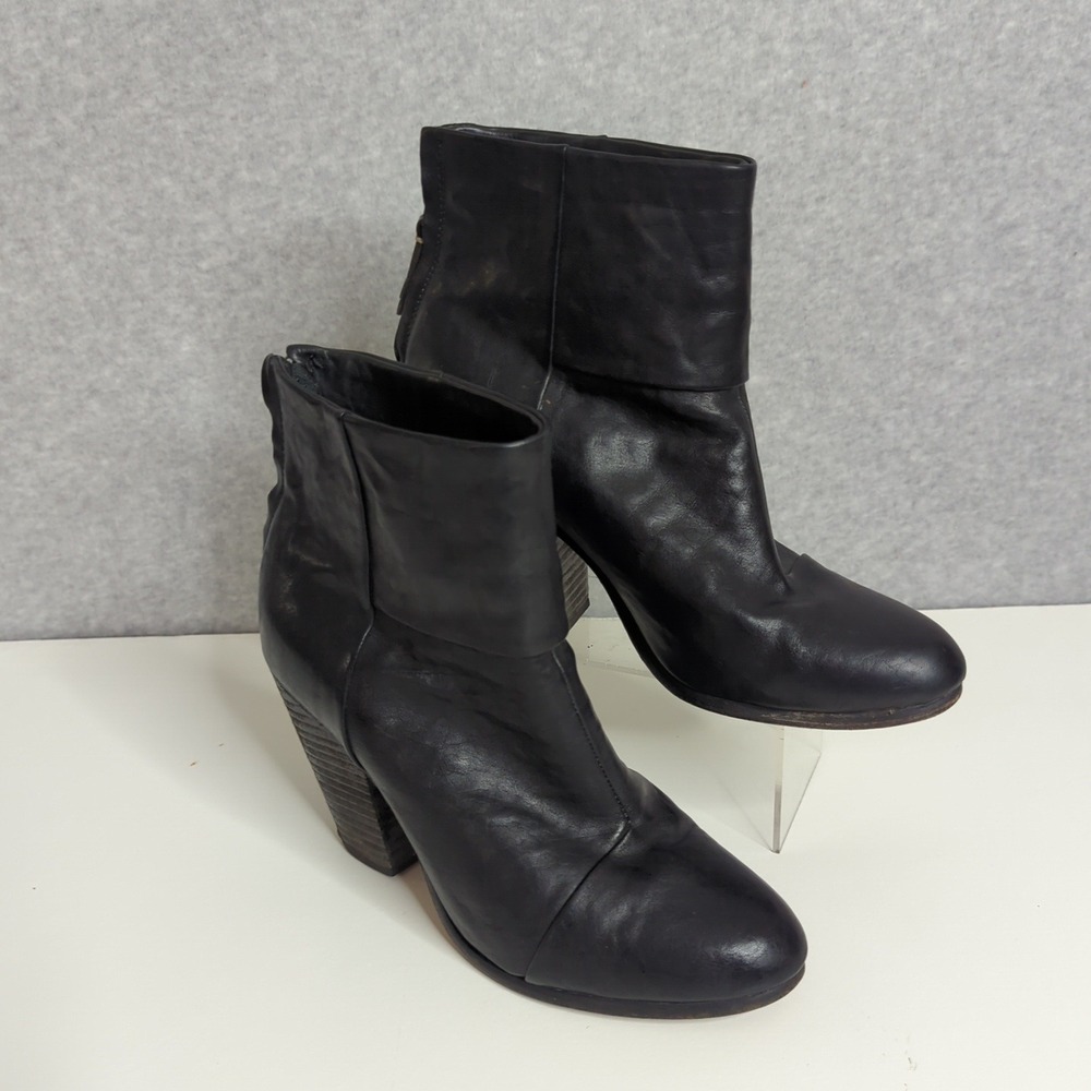 Rag & Bone Black Leather Block Heel Back Zip Ankle‎ Booties Western Womens 38.5